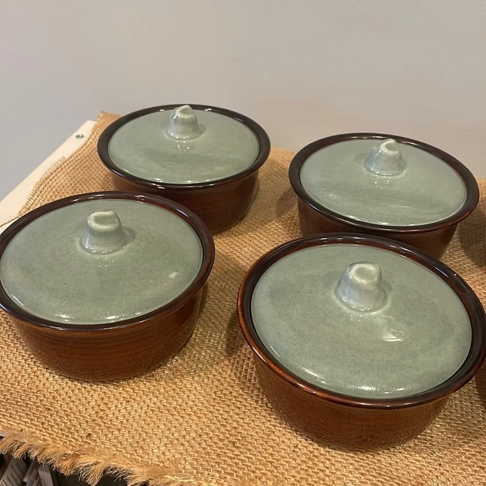 Retro brown & country blue small bowls with lids set of 6